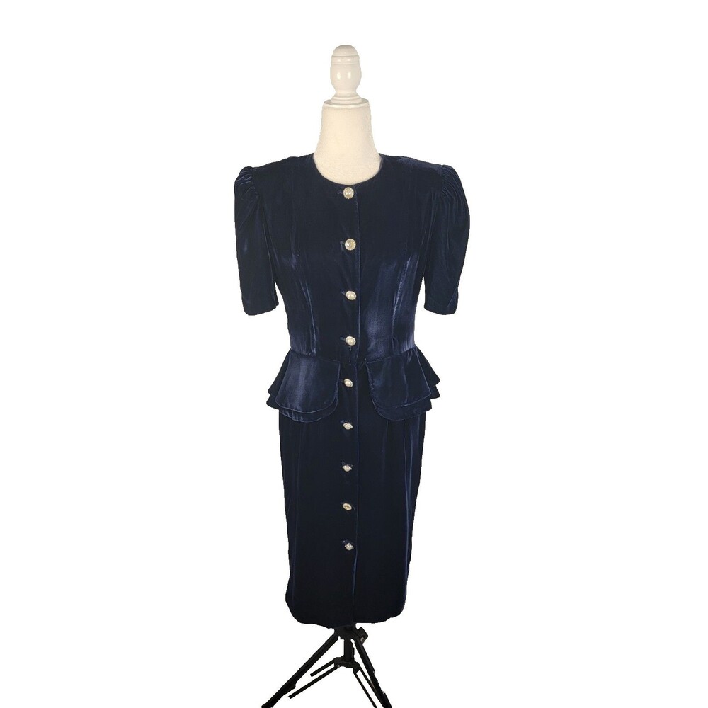 Vintage Jessica Howard Navy Velvet Button Front Peplum Puff Sleeve Midi Dress M